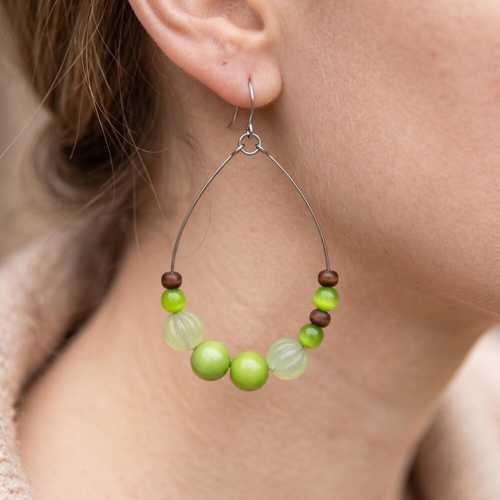 3/$25 - Green Beaded Hoop Earrings Lightweight Boho Dangle